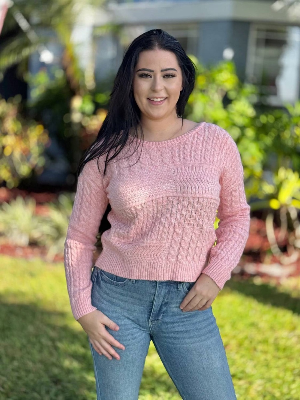 Simply Southern Pink Cable-Knit Crewneck Sweater